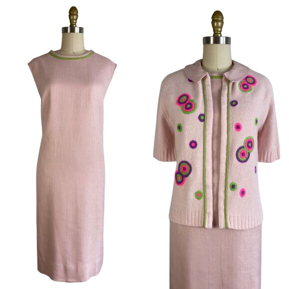 Vintage 1960s Pink Shift Dress and Embroidered Sweater Set Adele Martin | Size L - Picture 1 of 10